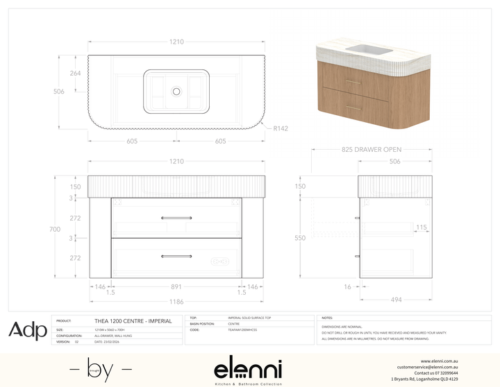 Thea 1200, Imperial, Centre Bowl, Elenni specification drawing