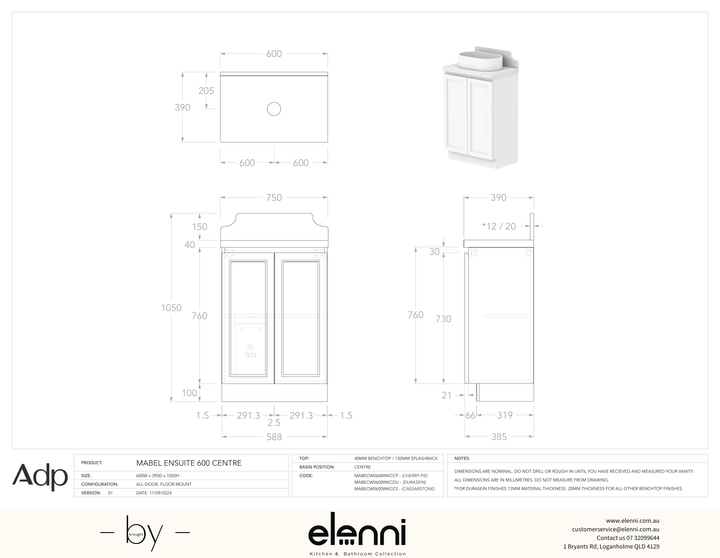 Mabel Ensuite 600 Floor Mount Centre, Elenni specification drawing