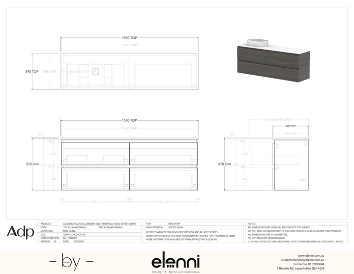 Glacier Ensuite, All-Drawer 1500 Twin WH, Benchtop Offset Bowl - Elenni specification drawing