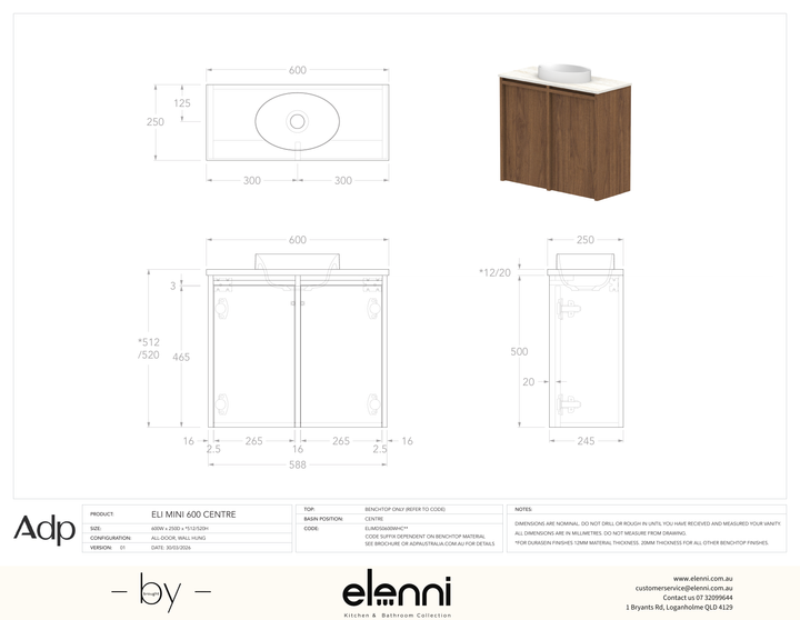 Eli Mini 600 Wall Hung Centre - Elenni specification drawing