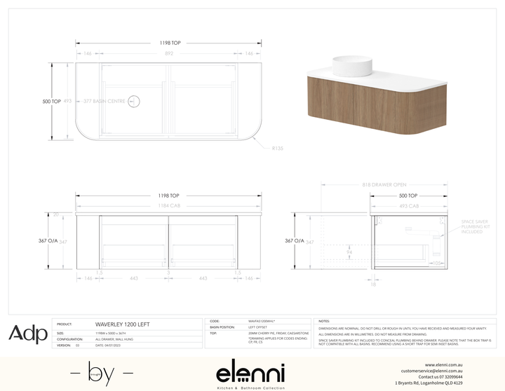 Waverley 1200mm Left Offset, Elenni specification drawing
