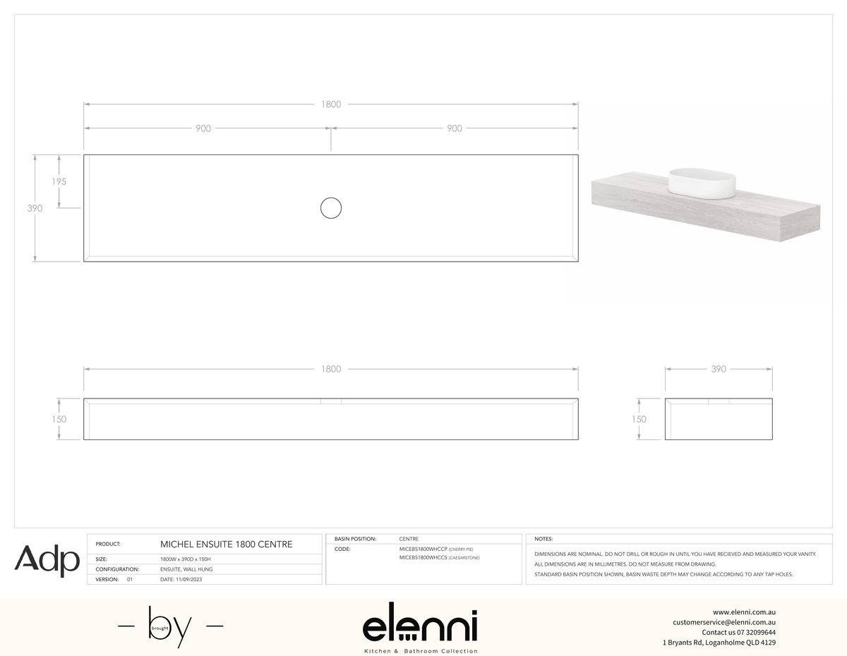 Michel Ensuite 1800 Centre - Elenni specification drawing