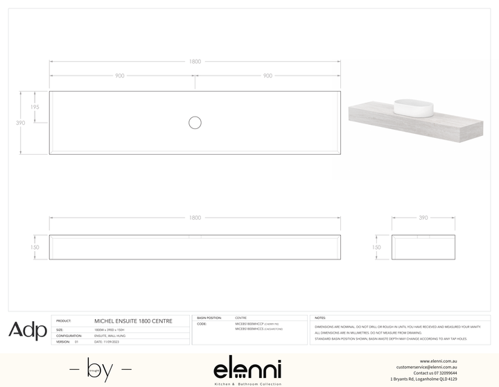 Michel Ensuite 1800 Centre, Elenni specification drawing