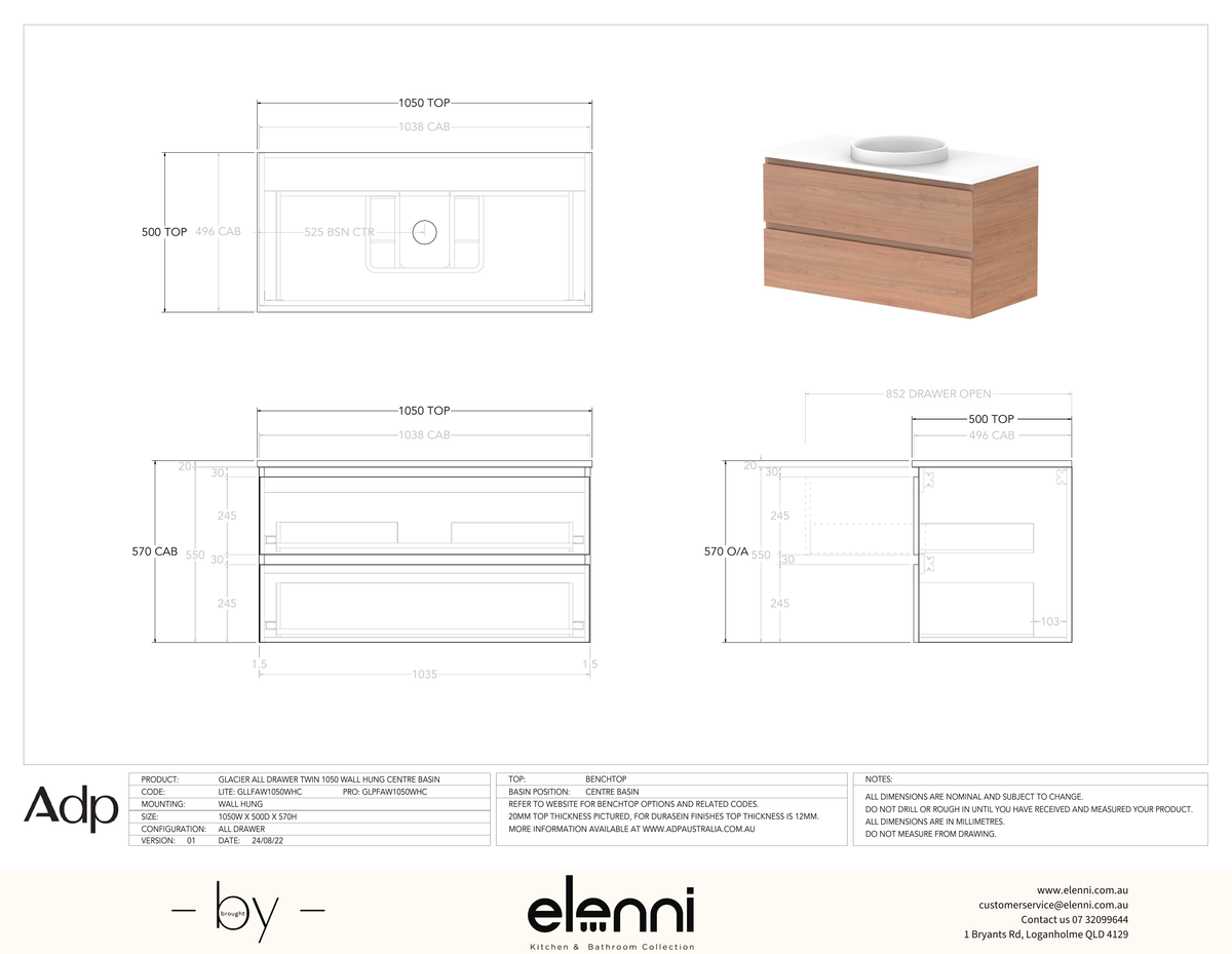 Glacier FD, All Drawer, 1050 Twin WH, Benchtop Centre Bowl - Elenni specification drawing