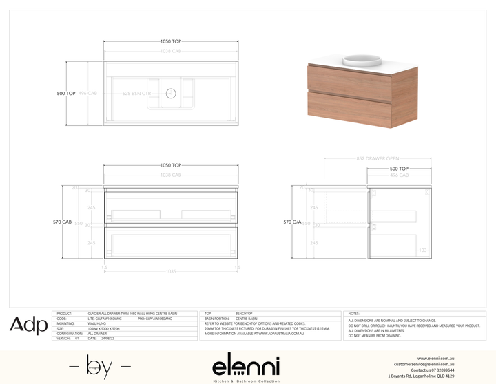 Glacier FD, All Drawer, 1050 Twin WH, Benchtop Centre Bowl - Elenni specification drawing