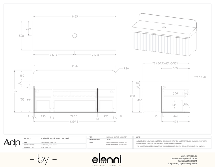 Harper 1435 Wall Hung Centre, Elenni specification drawing