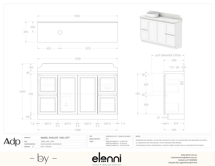 Mabel Ensuite 1500 Floor Mount Left Offset, Elenni specification drawing