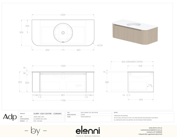 Surry 1200, Ceramic, Centre Bowl, Elenni specification drawing