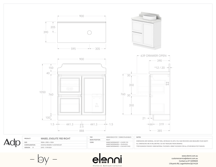 Mabel Ensuite 900 Floor Mount Right Offset, Elenni specification drawing