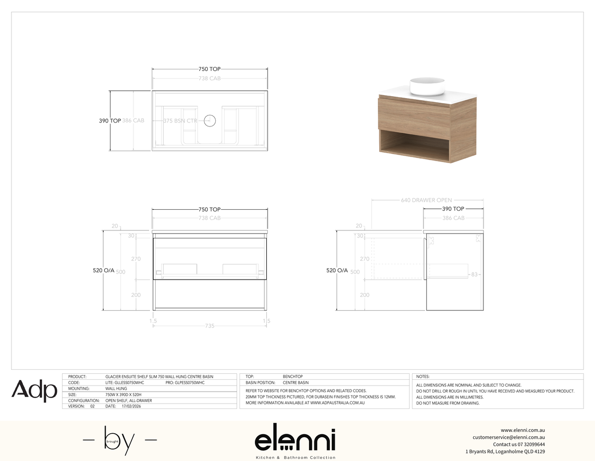 Glacier Ensuite, Shelf 750 Slim WH, Benchtop Centre Bowl - Elenni specification drawing