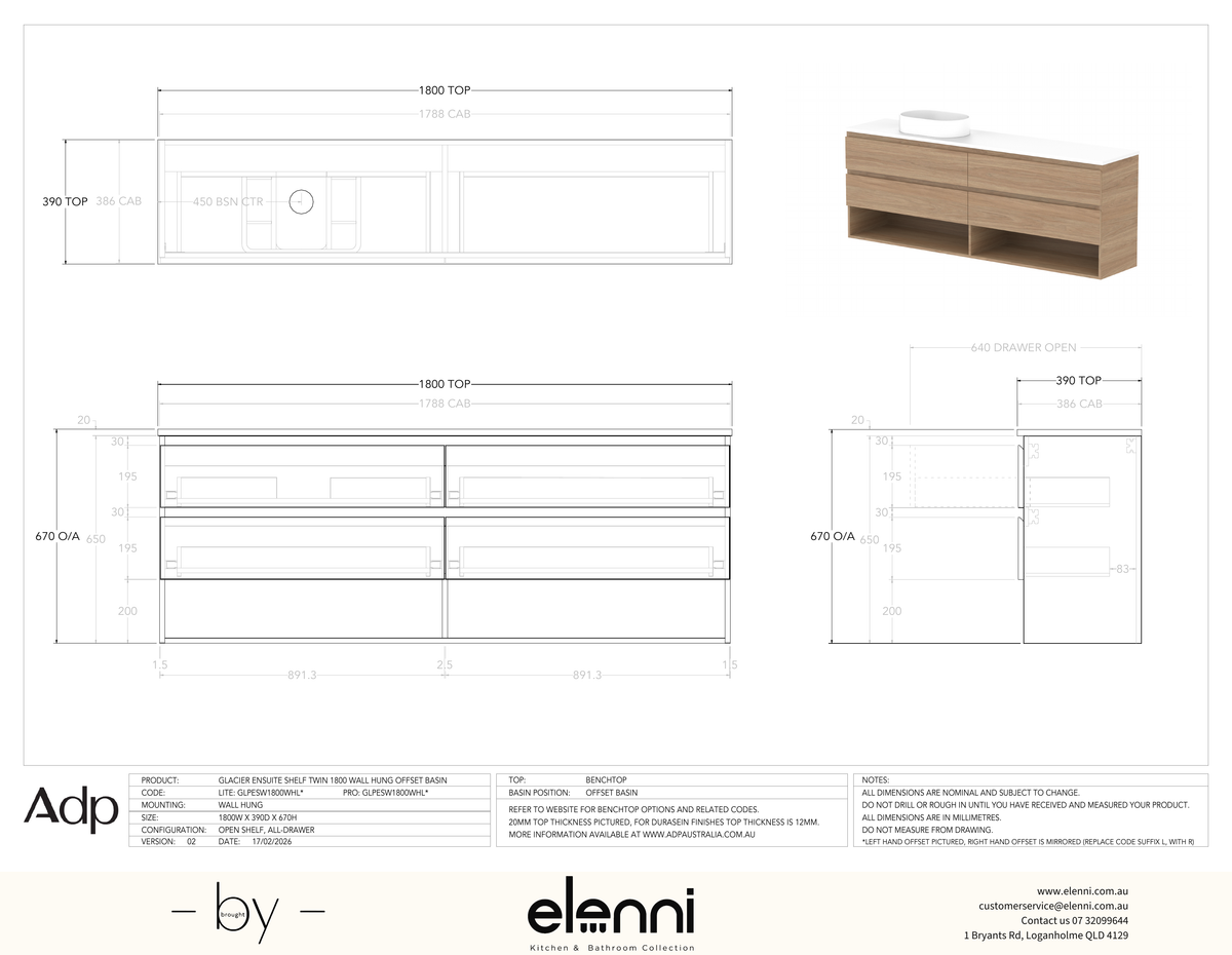 Glacier Ensuite, Shelf 1800 Twin WH, Benchtop Offset Bowl - Elenni specification drawing