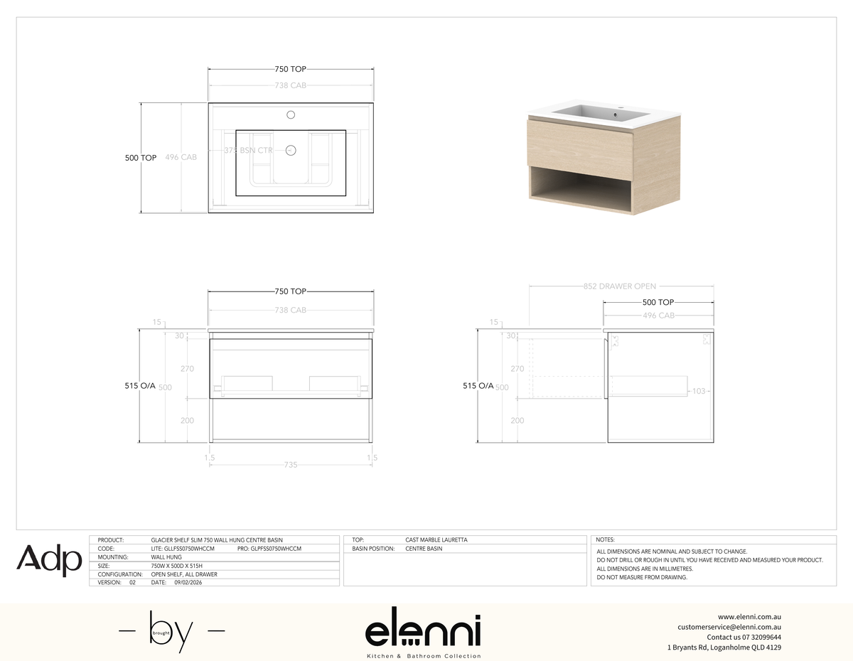 Glacier FD, Shelf, 750 Slim WH, Cast Marble Centre Bowl - Elenni specification drawing
