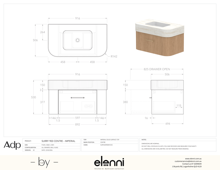 Surry 900, Imperial, Centre Bowl, Elenni specification drawing