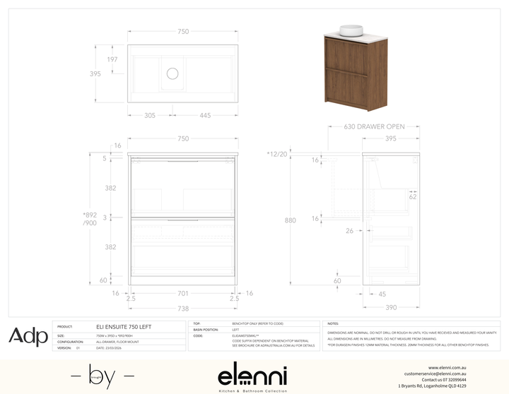 Eli Ensuite 750 Floor Mount Left Offset - Elenni specification drawing