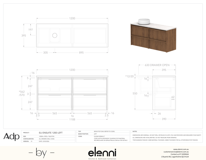 Eli Ensuite 1200 Wall Hung Left Offset, Elenni specification drawing