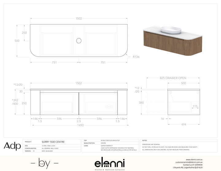 Surry 1500, Benchtop, Centre Bowl, Elenni specification drawing