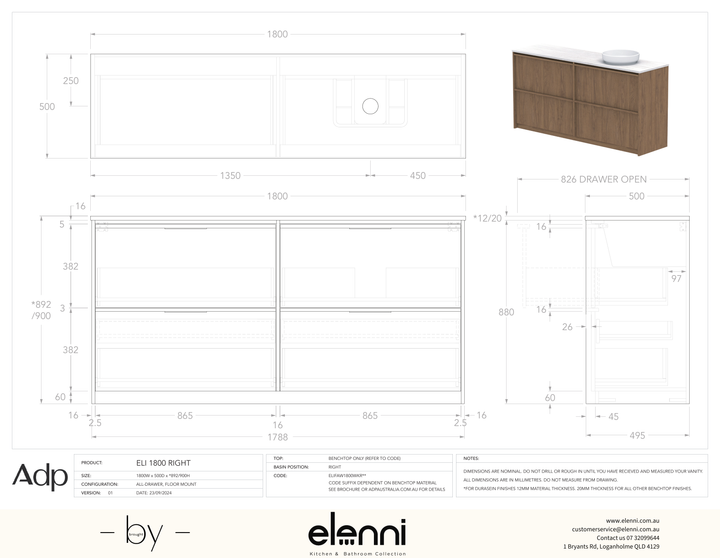 Eli 1800 Floor Mount Right Offset, Elenni specification drawing