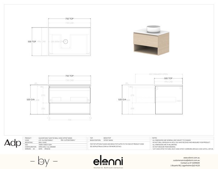 Glacier FD, Shelf, 750 Slim WH, Benchtop Offset Bowl - Elenni specification drawing