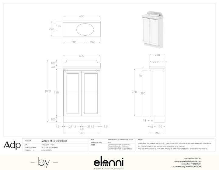 Mabel Mini 600 Floor Mount Right Offset, Elenni specification drawing