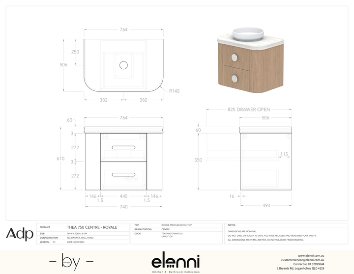 Thea 750, Royale, Centre Bowl, Elenni specification drawing