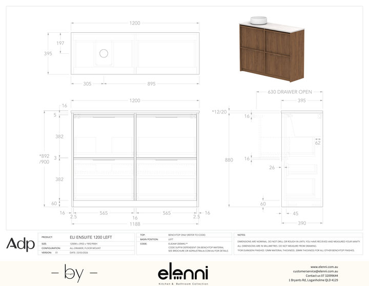 Eli Ensuite 1200 Floor Mount Left Offset, Elenni specification drawing