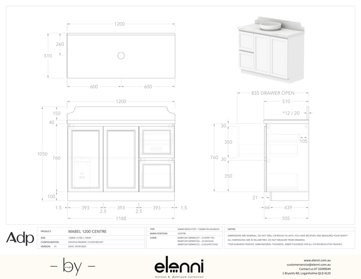 Mabel 1200 Floor Mount Centre, Elenni specification drawing