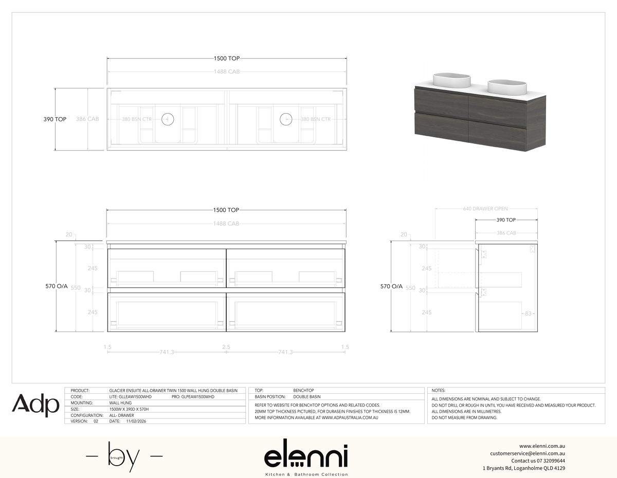 Glacier Ensuite, All-Drawer 1500 Twin WH, Benchtop Double Bowl - Elenni specification drawing