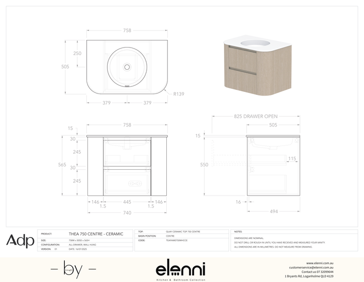 Thea 750, Ceramic, Centre Bowl, Elenni specification drawing
