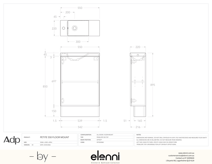 Petite 550 Floor Mount, Elenni specification drawing