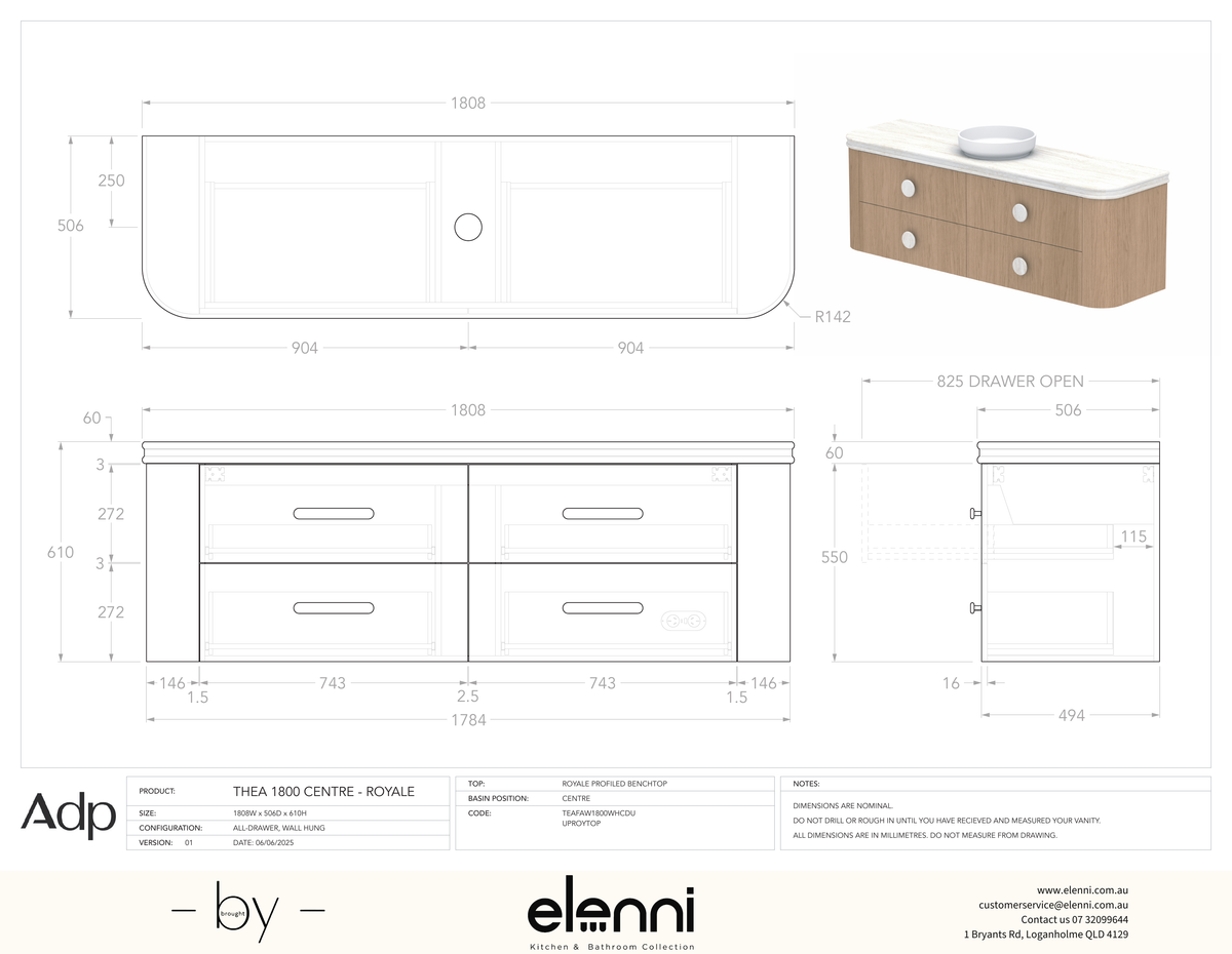 Thea 1800, Royale, Centre Bowl, Elenni specification drawing