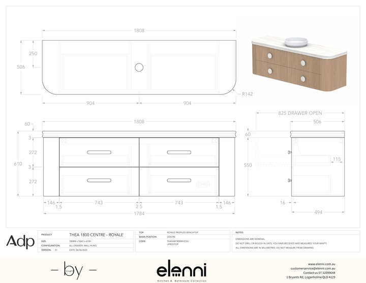 Thea 1800, Royale, Centre Bowl, Elenni specification drawing