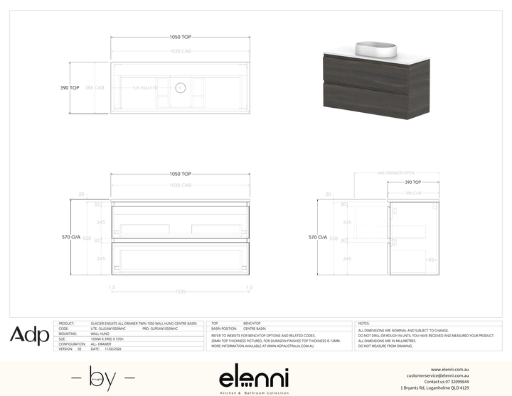 Glacier Ensuite, All-Drawer 1050 Twin WH, Benchtop Centre Bowl - Elenni specification drawing