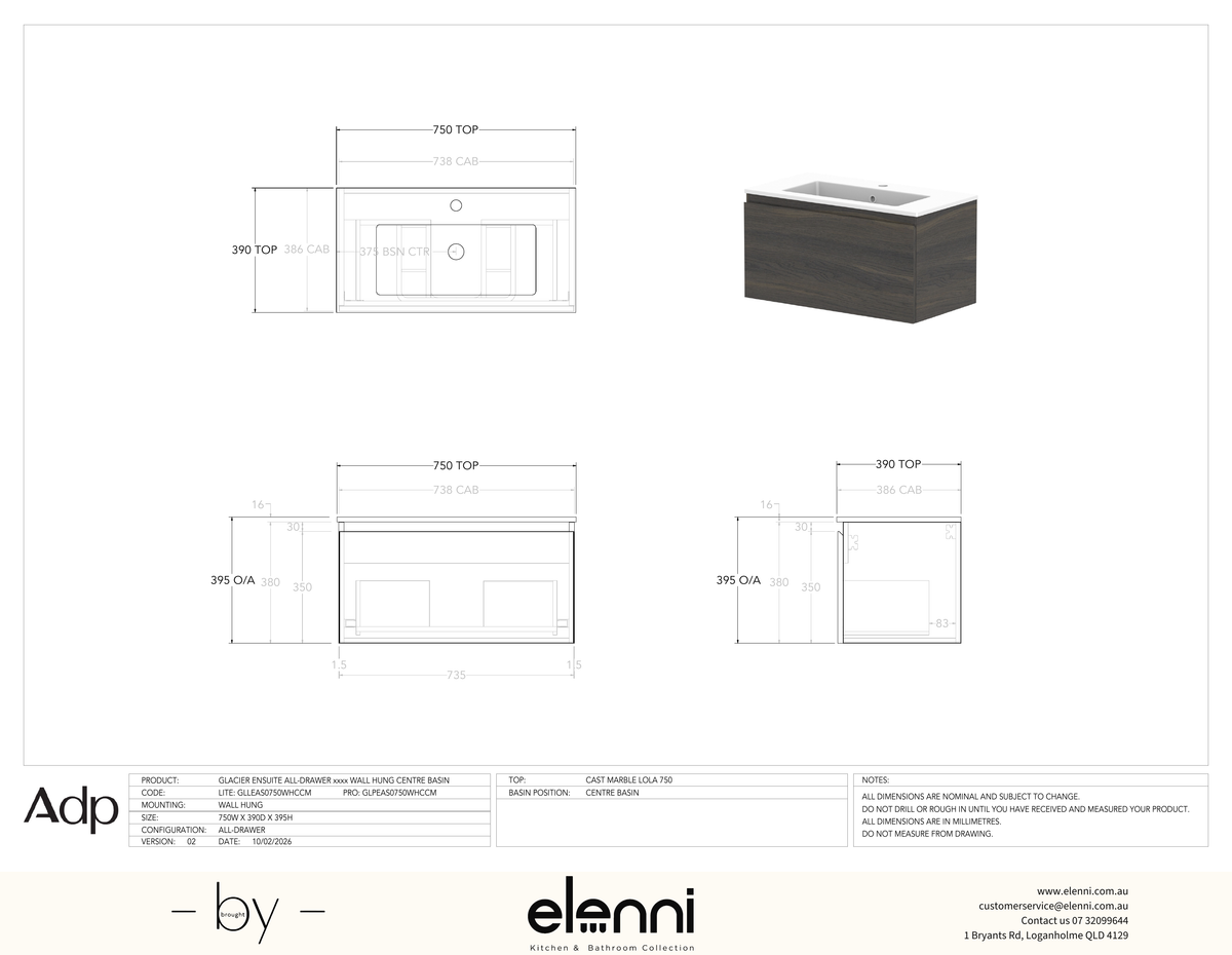 Glacier Ensuite, All-Drawer 750 Slim WH, Cast Marble Centre Bowl - Elenni specification drawing