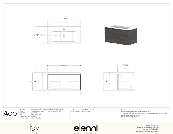 Glacier Ensuite, All-Drawer 750 Slim WH, Cast Marble Centre Bowl - Elenni specification drawing