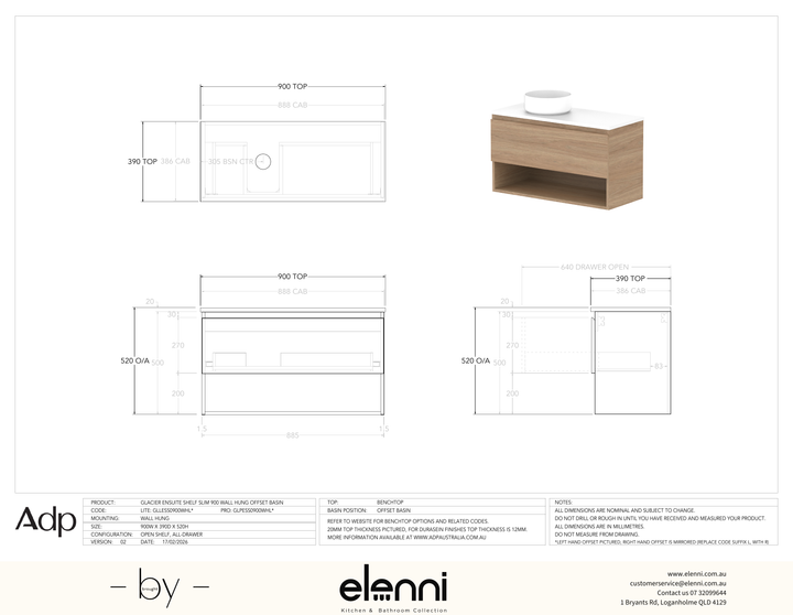 Glacier Ensuite, Shelf 900 Slim WH, Benchtop Offset Bowl - Elenni specification drawing