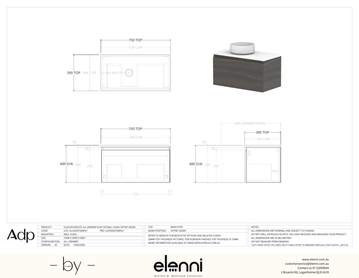 Glacier Ensuite, All-Drawer 750 Slim WH, Benchtop Offset Bowl - Elenni specification drawing