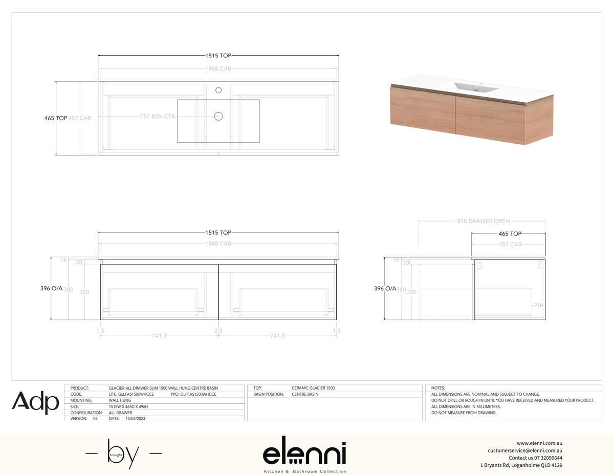 Glacier FD, All Drawer, 1500 Slim WH, Ceramic Centre Bowl - Elenni specification drawing