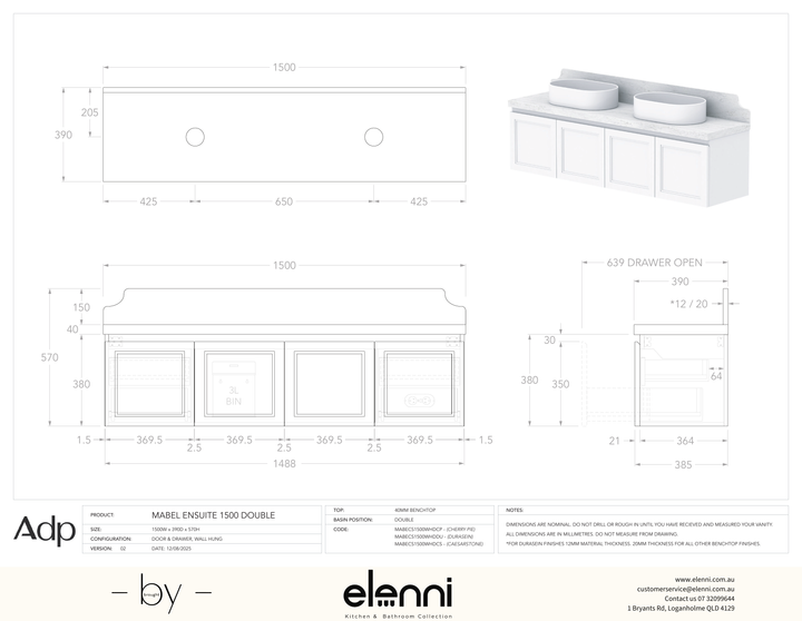 Mabel Ensuite 1500 Wall Hung Double, Elenni specification drawing