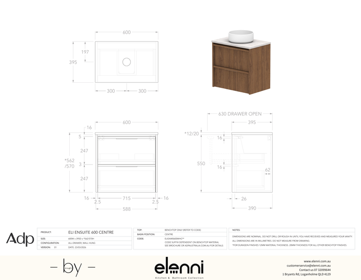 Eli Ensuite 600 Wall Hung Centre, Elenni specification drawing