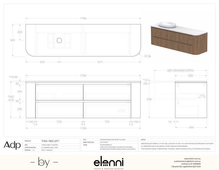 Thea 1800, Benchtop, Left Offset Bowl, Elenni specification drawing