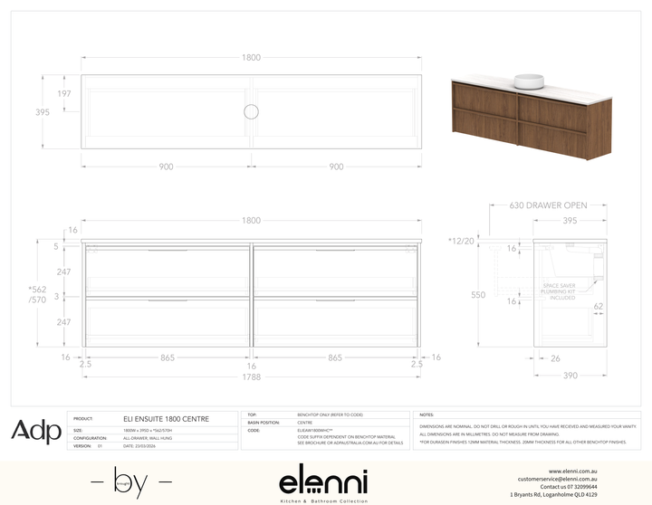 Eli Ensuite 1800 Wall Hung Centre, Elenni specification drawing