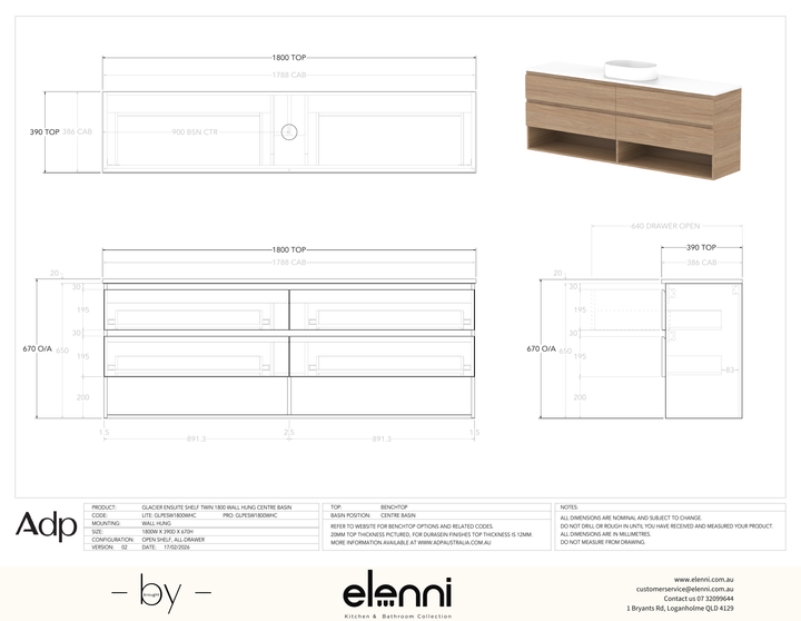 Glacier Ensuite, Shelf 1800 Twin WH, Benchtop Centre Bowl - Elenni specification drawing