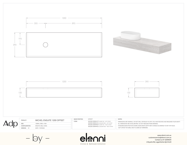Michel Ensuite 1200 Offset, Elenni specification drawing