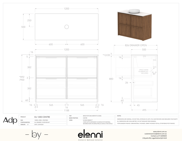 Eli 1200 Floor Mount Centre, Elenni specification drawing
