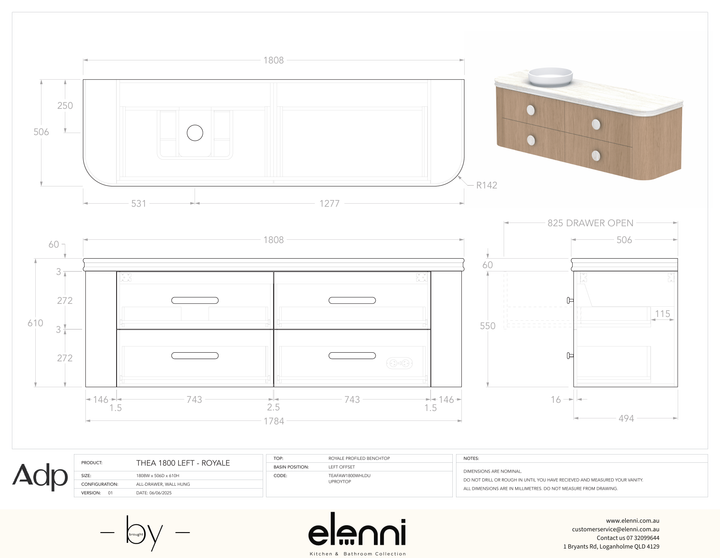Thea 1800, Royale, Left Offset Bowl, Elenni specification drawing