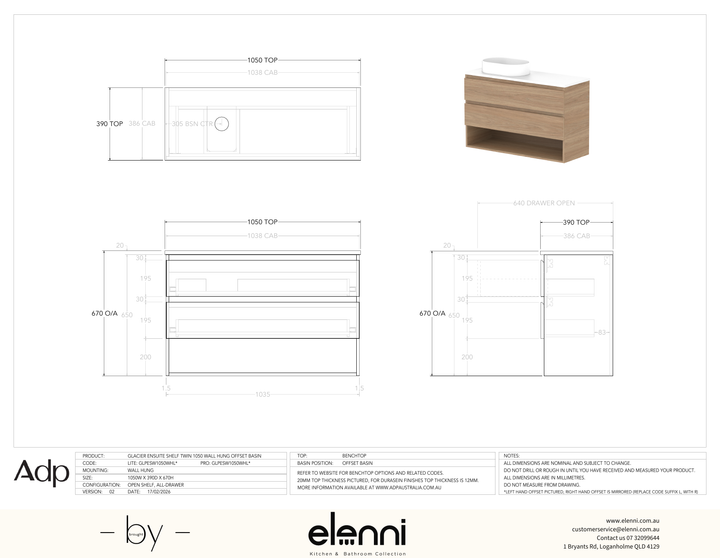 Glacier Ensuite, Shelf 1050 Twin WH, Benchtop Offset Bowl - Elenni specification drawing