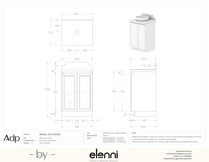 Mabel 600 Floor Mount Centre, Elenni specification drawing