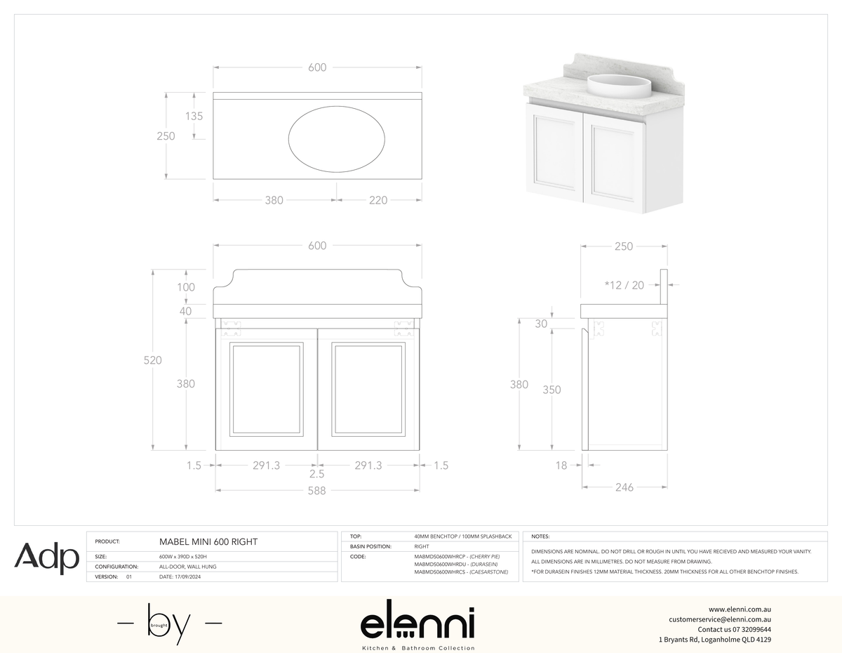 Mabel Mini 600 Wall Hung Right Offset - Elenni specification drawing