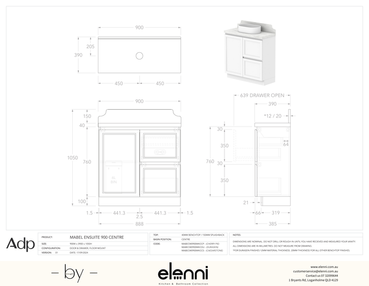 Mabel Ensuite 900 Floor Mount Centre, Elenni specification drawing