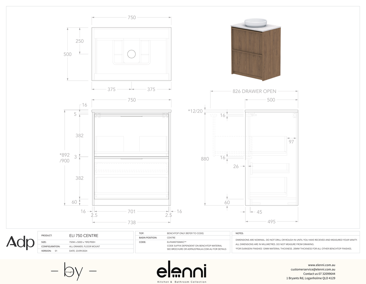 Eli 750 Floor Mount Centre, Elenni specification drawing